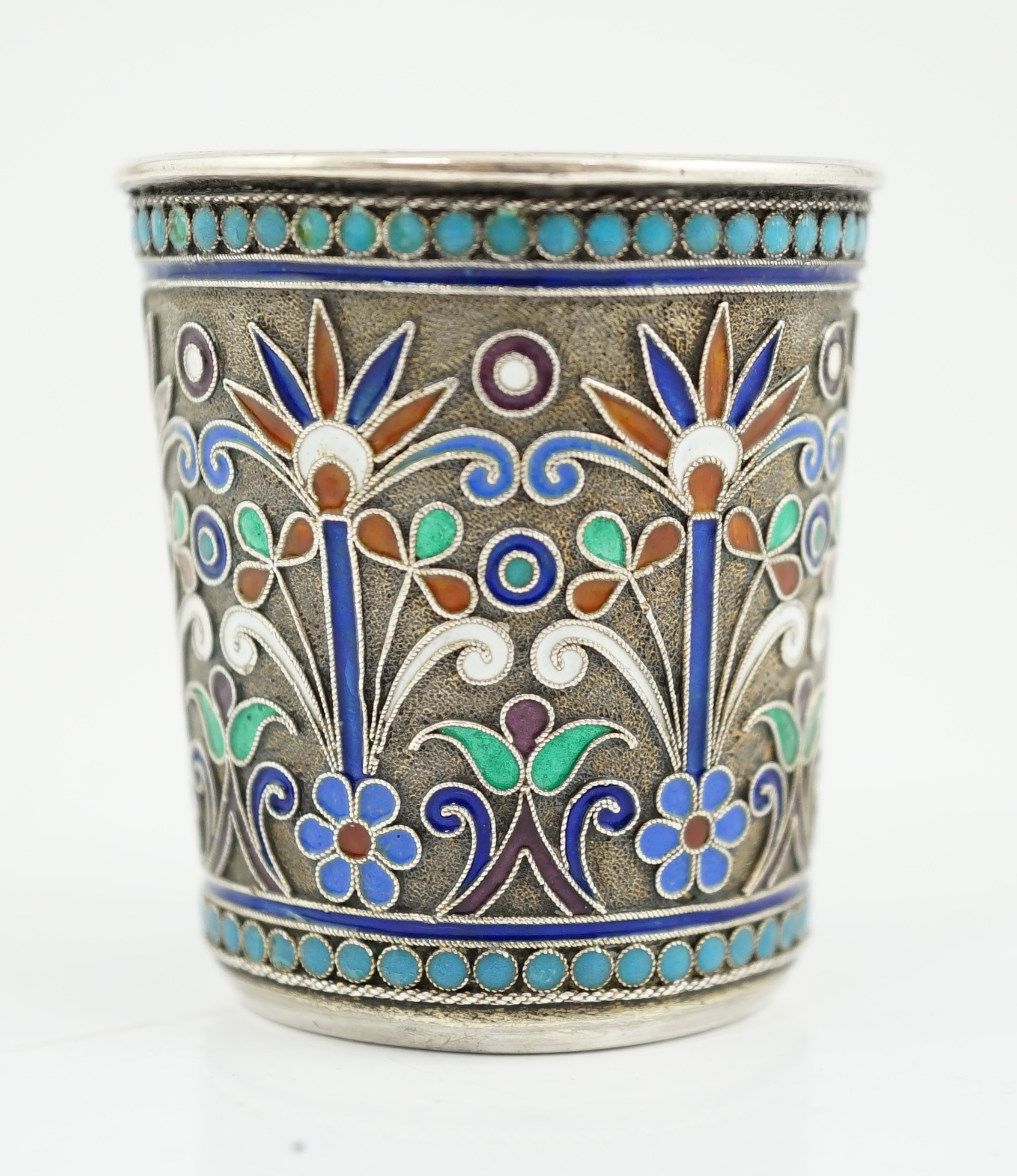 A late 19th century Russian 84 zolotnik silver and cloisonné enamel tot, assay master Anatoly Artsibashev